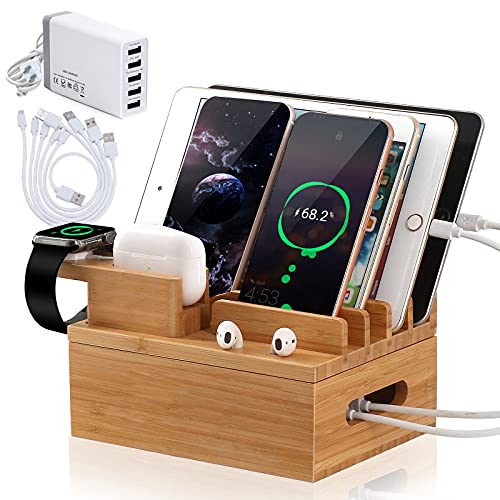 Pezin & Hulin Bamboo Charging Station for Multiple Devices (Included 5 Port USB Charger, 5 Pack Charge & Sync Cable, SmartWatch & Earbuds Stand), Electronic Device Desktop Dock Stations Organizer