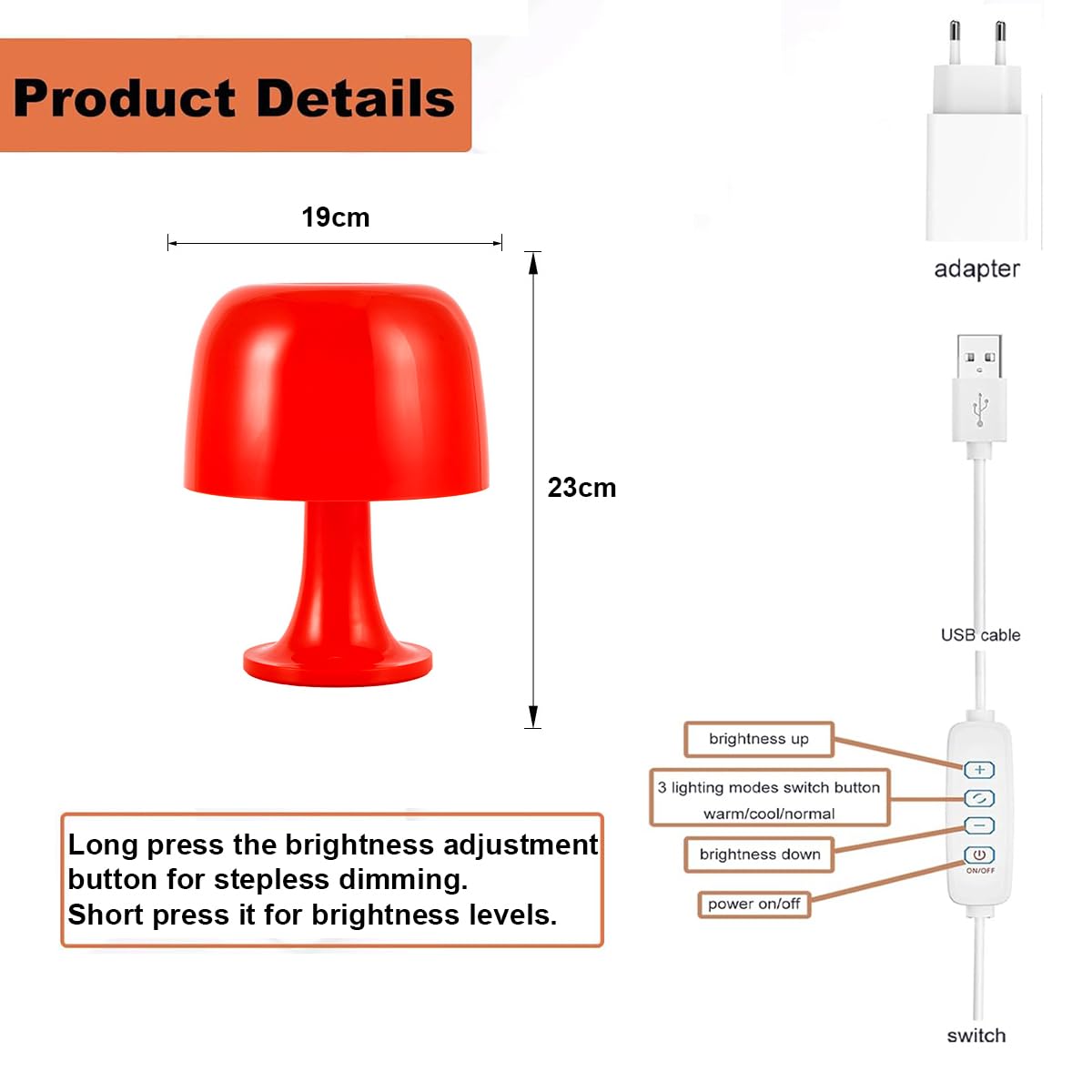 EaEa Lampa stołowa w kształcie grzyba w kolorze pomarańczowym LED Lampa stołowa do sypialni z akrylu Z regulacją jasności 3000K-6000K Lampa nocna USB Lampa nocna w stylu retro do salonu lub hotelu