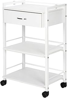 Esthetician Salon Trolley Cart with 1 Drawer 2 Trays, Wooden Mobile Utility Cabinet, Rolling Cart for Beauty SPA Massage Tattoo Facials, White