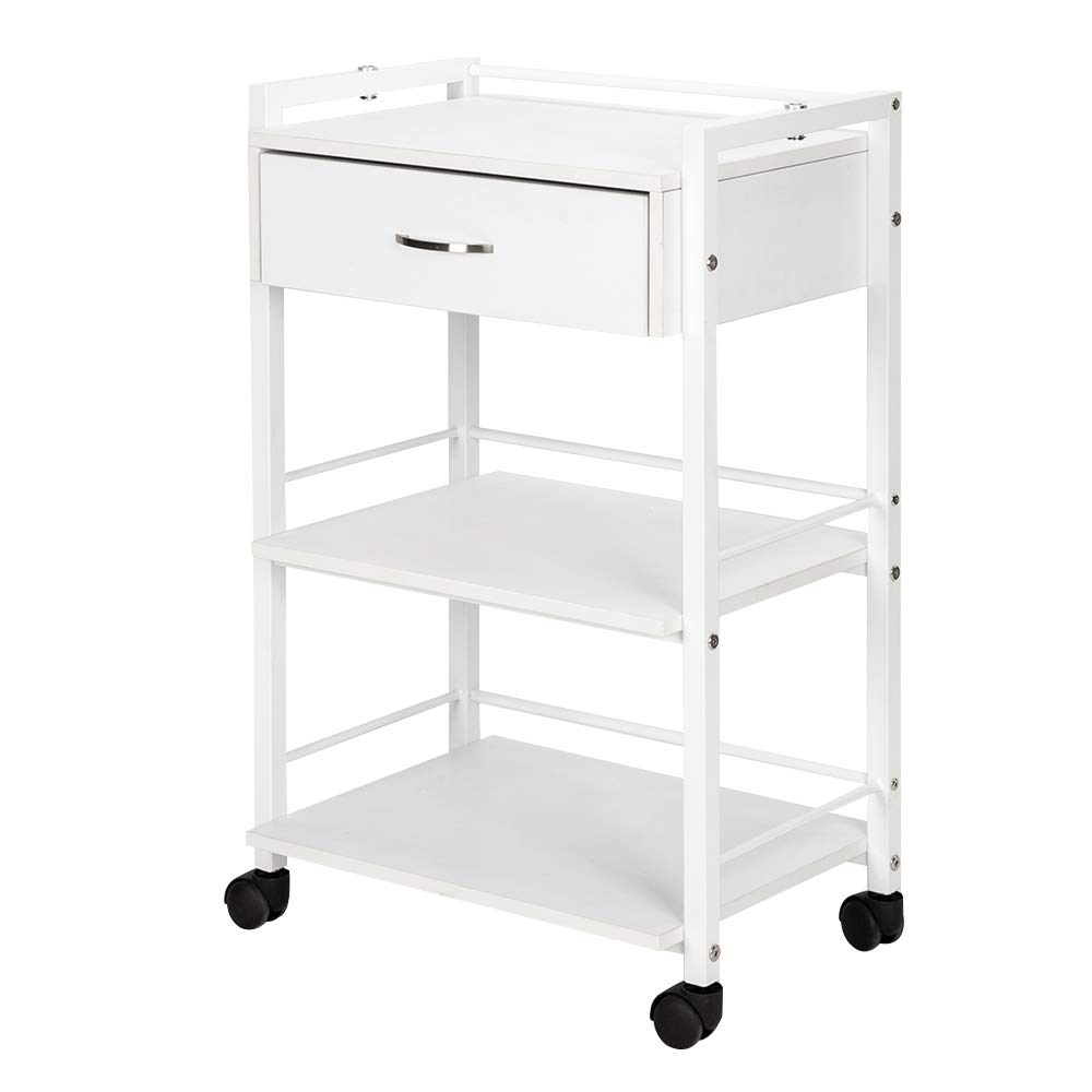 Esthetician Salon Trolley Cart with 1 Drawer 2 Trays, Wooden Mobile Utility Cabinet, Rolling Cart for Beauty SPA Massage Tattoo Facials, White