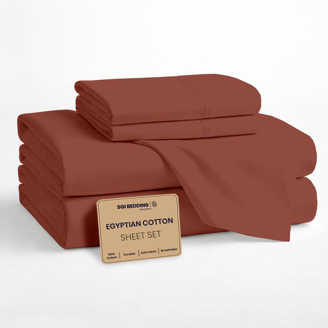 SGI bedding 100% Egyptian Cotton Sheets Queen Size - Premium Luxury Hotel Sheet Set, Cooling &amp; Breathable, Ultra Soft, 15" Deep Pocket, 4 Piece Bedding Set, Terracotta