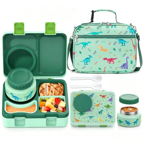 Image of Bento Box for Kids, Leakproof Kids Lunch Box with 8.5OZ Thermo Food Jar & Lunch Bag, 3-4 Compartments Toddler Insulated Lunch Box for Boys, BPA Free Lunch Containers for School Daycare
