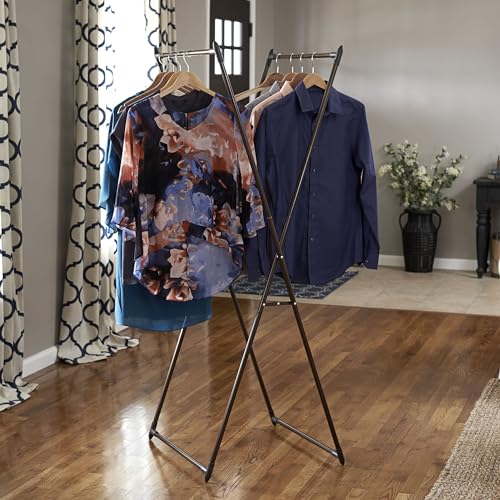Image of Household Essentials Valet Folding Clothes Rack, Strong Metal X-Frame, Chic Design, Great for Guest and Dressing Rooms, Portable and Easy to Use, Folds Flat, Antique Bronze