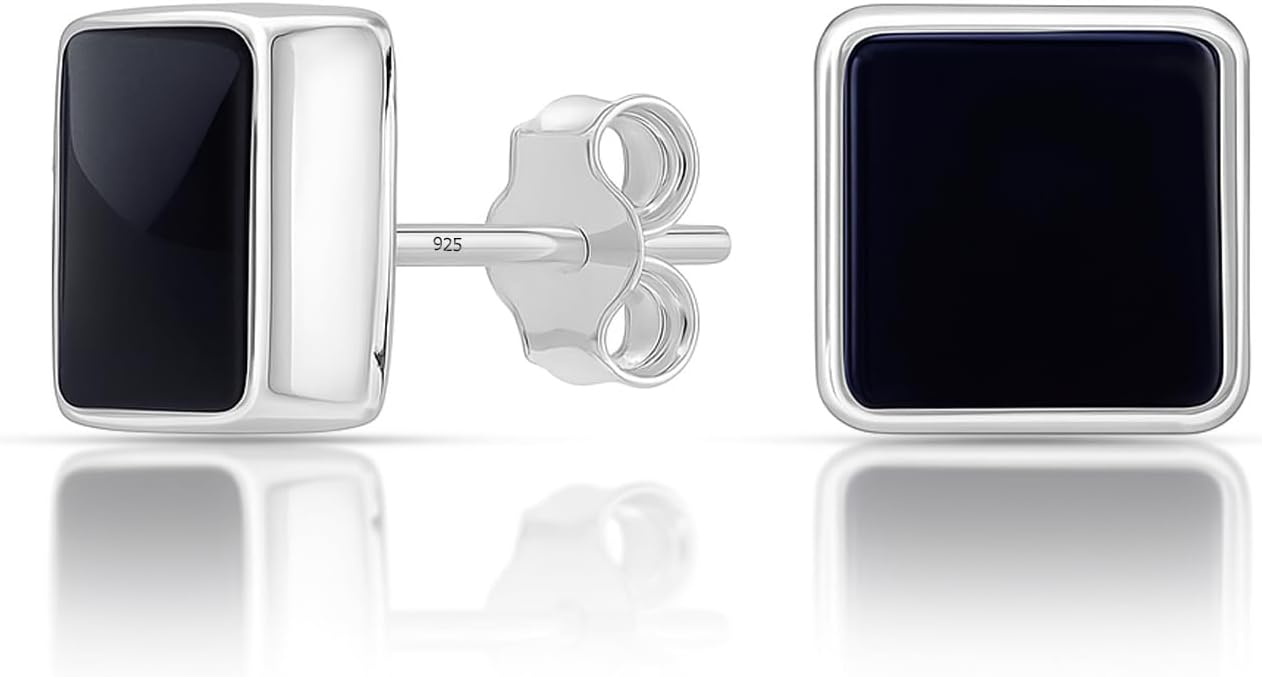 Charmsy 925 Sterling Silver Black Onyx Stud Earrings for Women | Stylish Square, Round & Triangle Studs Earring | Minimalist Bezel Set Black Onyx Women's Earrings