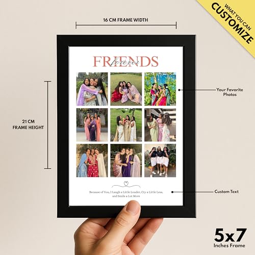 Image of Framekaari Friends Customized Photo Frame | Personalized Birthday Gift | 9-Photo Collage & Custom Text | Tabletop & Wall Mount | Room & Home Decor | 16x21 cm (Design-04)