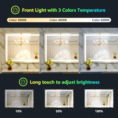 Image of 44x32 Inch RGB LED Bathroom Mirror Front Light and RGB Backlit Lighted Vanity Mirror for Bathroom Wall Mounted Dimmable Anti Fog Memory Shatter-Proof IP54 Waterproof Horizontal /Vertical