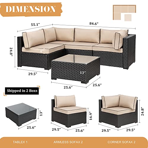 Jamfly Patio Furniture Sets, 5 Pieces Outdoor Furniture Patio Sectional Sofa Set, Black Wicker Rattan Conversation Sets With Glass Table And Cushions, Khaki #TOP5