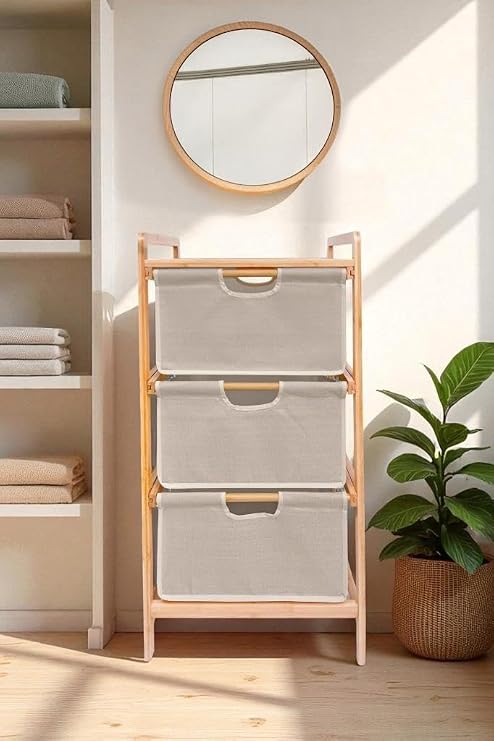 Digithome Bambu 1 Raflı 3 Çekmeceli Banyo Düzenleyici Çekmeceli Dolap Komodin DB-0039