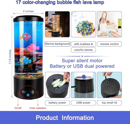 Bubble Fish Lamp,GWEUZMAL Multi Colour Changing Aquarium Light, 17colours Adjustable,Stress Relieving Mood Light Decoration,Suitable for Adults Kids,Home Office Decor Christmas Gifts