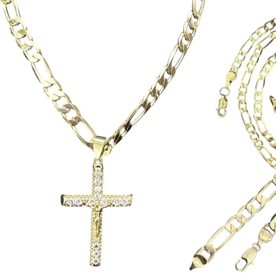 14K Gold Plated Jesus Christ Cross Crucifix Pendant with Bling Crystals, 18"-24" / 2.5mm or 8mm, Figaro Link, Rope Torch or Miami Cuban Chain Necklace, Religious Hip Hop Jewelry for Men and Women