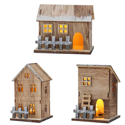 LED Village De Noel, Village De Noel Miniature en Bois, Maison de Noel Miniature, Village De Noel Lumineux Et Anime, Decoration Noel Interieur Maison, pour Decoration Noel Table (3 PCS)