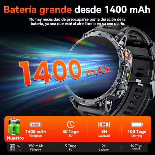 Militär Smartwatch Herren, 1400-mAh-Akku/2 Armbänder/Kompass/Taschenlampe – Ansicht 2