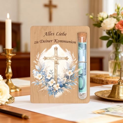 PIujsym Geldgeschenk Holz Karte mit Reagenzglas Alles Liebe zu Deiner Kreuz Blumen hölzernes Souvenir für kommunion geschenk junge und kommunion geschenke für mädchen Geschenkidee Deko