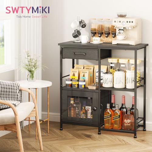 SWTYMIKI Coffee Bar Cabinet for Home - Farmhouse Coffee Stand Station Multi-Purpose Storage Cabinet with Adjustable Feet, Drawers - Kitchen Bar Table for Living Room, Corner, Small Space, Black