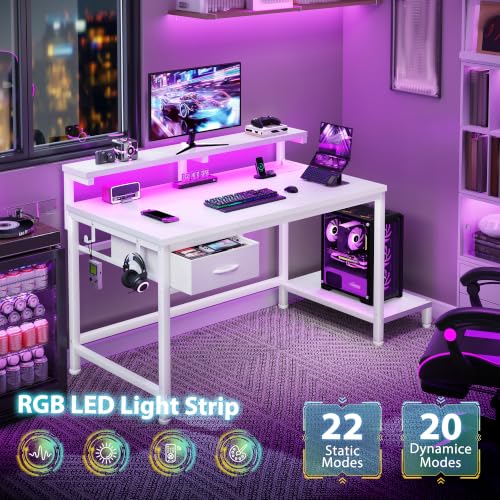 Image of DurayLoly 32 inch Computer Desk with Power Outlet & Fabric Drawer,White