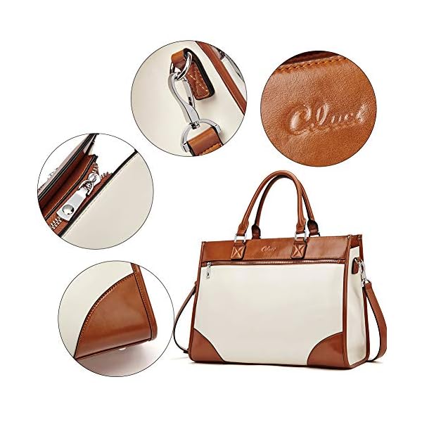 Womens Briefcase Oil Wax Leather Vintage 15.6 Inch Laptop Large Capacity Business Shoulder Bag Beige with Brown - Image 7