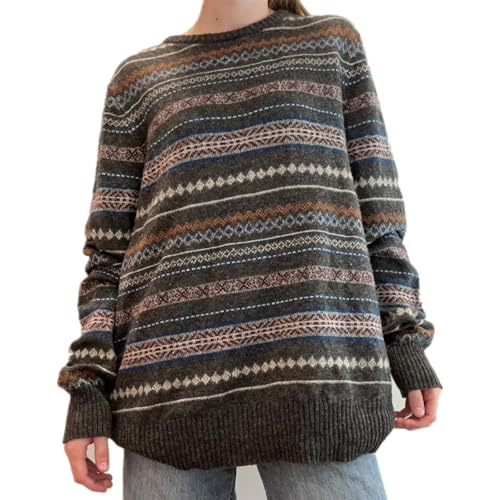Women Y2K Argyle Striped Pullover Sweater Casual Long Sleeve Round Neck Vintage Preppy Style Pullover Knitwear (Light Brown Striped S)
