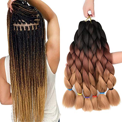 Kanekalon Braiding Hair Extensions 6pcs Ombre Synthetic Jumbo Braids Hair Yaki Texture 24 Inch 3 Tone Afro Crochet Twist Braid Hair 100g/pcs(24" 6pcs, black/dark brown/light brown)