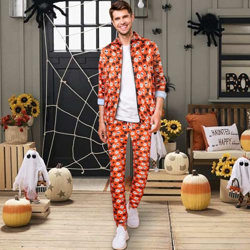 Image of Arssm Men Halloween Outfits Sets Pumpkin Tracksuit Jacket and Jogger Sweatpants Cosplay Party Daily Wearing(YellowPumpkin-M)
