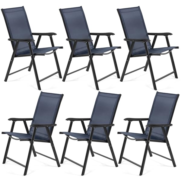Yaheetech Conjunto de 6 Sillas Plegables para Exterior con Reposabrazos Sillas para Balcones Jardín Terraza Metal Texteline Carga 150kg 65 x 93,5 x 55,5cm Muebles de Exterior Azul Marino