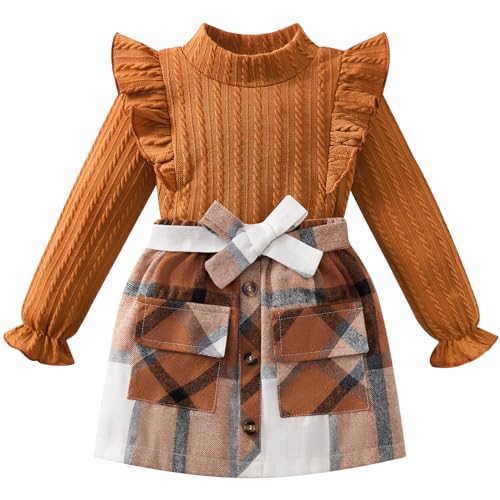 Image of Weixinbuy Toddler Girl Fall Winter Clothes Solid Long Sleeve Ribbed T-Shirt Knit Tops Plaid Button Mini Skirts Set Outfits