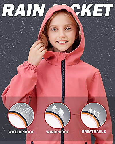 Maoo Garden Girls Rain Jackets Kids Waterproof Raincoat Lightweight Floral Lining Spring Windbreaker 2112 Red 9-10Y #TOP2