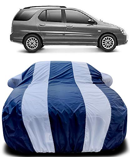 Image of PURPLEHEART Car Body Cover Compatible with Tata Indigo Marina Car Cover Body with Mirror Pocket Triple Stitched Bottom Elastic Water Resistant UV Protection & Dustproof Car Cover-Blue & White