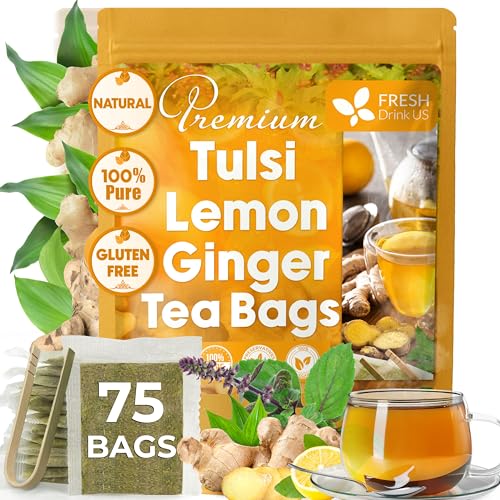 Image of FreshDrinkUS, Premium 75 Tulsi Lemon Ginger Tea Bags, 100% Natural & Pure from Tulsi Holy Basil Leaves, Lemon and Ginger. Made with Natural Material Tea Bags. No Sugar, No Caffeine, Vegan.