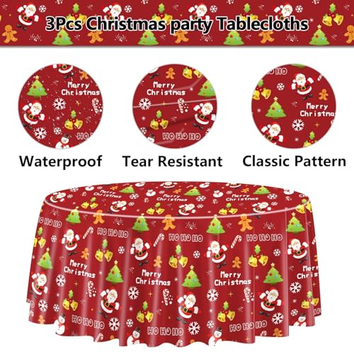 PTECDROTS 3Pcs Christmas Tablecloths Round Christmas Table Decorations Red Xmas Theme Table Cover for Winter Holiday New Year Christmas Party Supplies - Image 3
