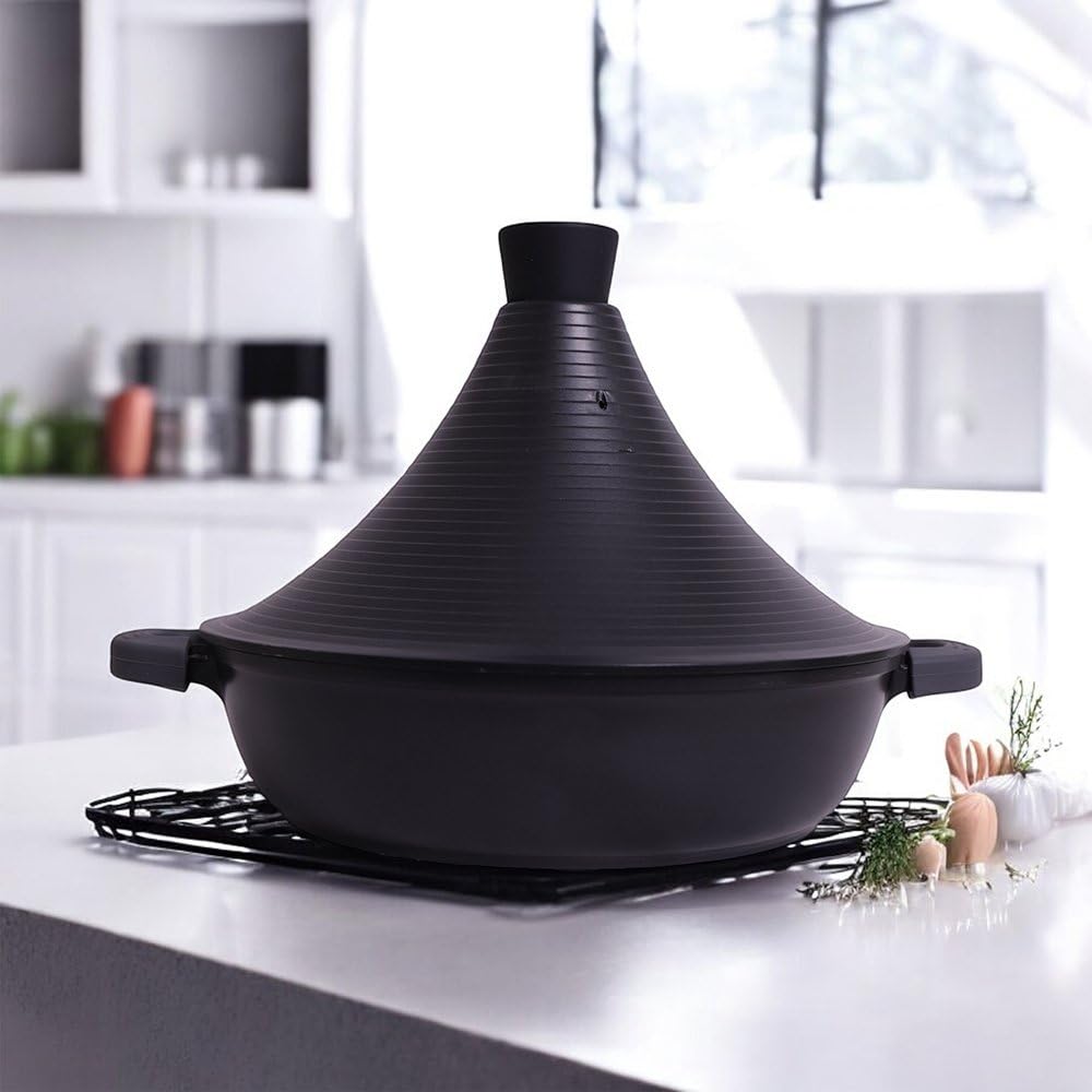 Tajine Tous Feux dont Induction - Plat Tajine Marocain 28cm Marmite tajine avec Couvercle en Aluminium antiadhésif - Noir
