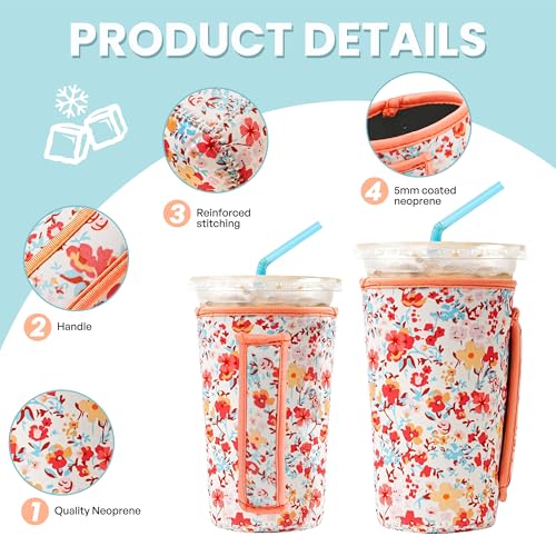 Image of KJQJLY 3 Pack Reusable Iced Coffee Sleeves for Iced Coffee Cups or Drinks Reusable Neoprene Insulated Sleeves for Hot and Cold Drinks from Starbucks, Dunkin, And More (Light orange floral)