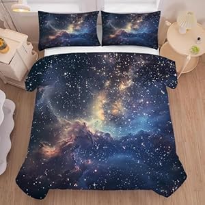 Galaxy Comforter Set Twin Size Space Bedding for Kids Girls Boys Starry Sky Cloud Glitter Stars Moon Bedroom Decor Quilt Bed Sets, 1 Comforter 1 Pillowcase