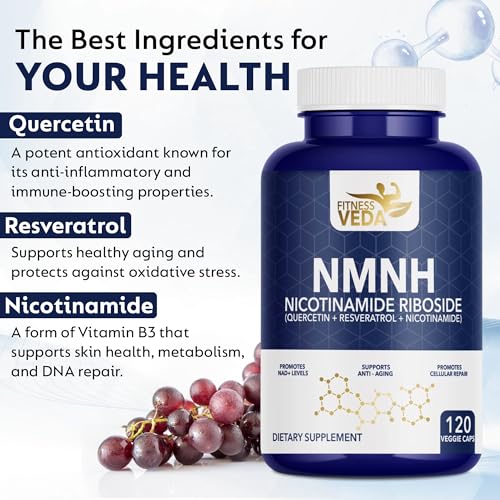 Image of Fitness Veda NMNH (Dihydronicotinamide Mononucleotide), NMN Alternative Supplement w /Nicotinamide Riboside (Vitamin B3), Quercetin, Trans-Resveratrol, Support NAD+, Skin Cell Health*, Anti-Aging & Energy, 120 Caps