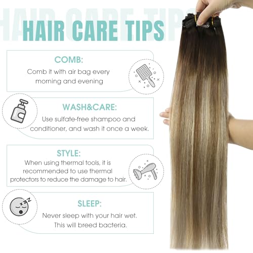 Image of YoungSee Balayage Clip in Hair Extensions Real Human Hair Chocolate Brown Roots to Medium Brown with Blonde Ombre Clip in Extensions Human Hair Clip ins for Women 14inch 120g