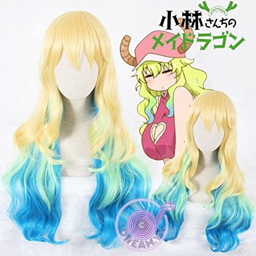 Peluca de cosplay de Quetzalcoatl Anime Miss Kobayashi's Dragon Maid Cosplay Peluca amarilla azul largo ondulado pelo sintético Halloween juego de