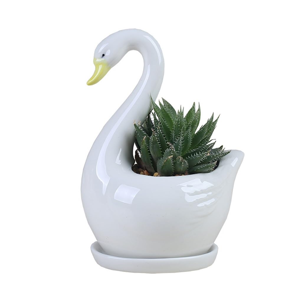 GELASIGE Flower Pots White Swan Small Succulent Flowerpot, Personalized Ceramic Flowerpot, Office Home Decoration Outdoor Flower Pots