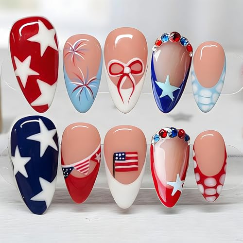 4th of July Press on Nails Medium Almond Fake Nails with Rhinestones American Flag Design Independence Day False Nails Glossy French Tip Acrylic Nails Patriotic Star Glue on Nails for Women 30Pcs
