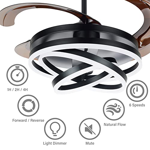 48 Inch Retractable Ceiling Fans, 3 Color 6 Speed Dimmable Silent Led Invisible Ceiling Fan Lights, With Remote Easy To Install Suitable For Living Room,Bedroom,Kitchen,Dining Room Lighting #TOP3