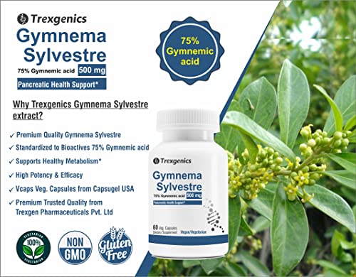 Trexgenics® Gymnema (Bioactive 75% Gymnemic Acids) 500Mg Sylvestre Vegan & Gluten Free (60 Vcaps) #TOP3