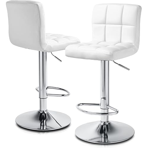 MoNiBloom Barstools Set of 2, Square PU Leather Adjustable Bar Stools with Back, Counter Height Swivel Stool, Barstools for Kitchen Counter, White