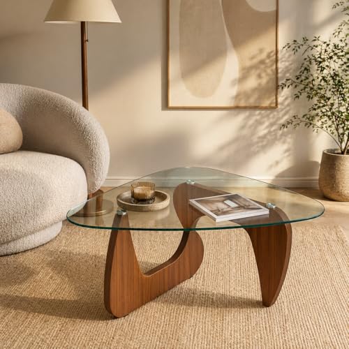 Image of 35.8 inch Glass Coffee Table, Modern Coffee Tables for Living Room, Organic Round Coffee Table with Clear Tempered Glass Top and Walnut Finish Wood Base, Small Center Table, Mesa de Centro para Sala