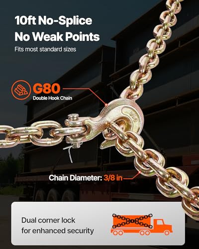 Image of VEVOR Ratchet Chain Binder, 3 /8 in x 10 ft G80 Chains, 9200 lbs Working Load of Ratchet Load Binder, Chains and Binders Set, Tie Down Hauling Chain Binders for Hauling, Towing, Logging, Lifting