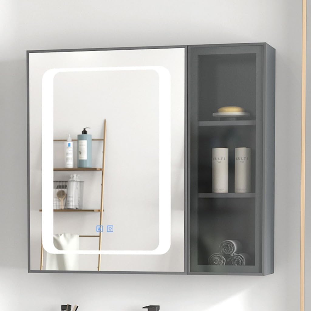 収納棚付きミラーキャビネット ライト照明付きバスルームLEDミラー