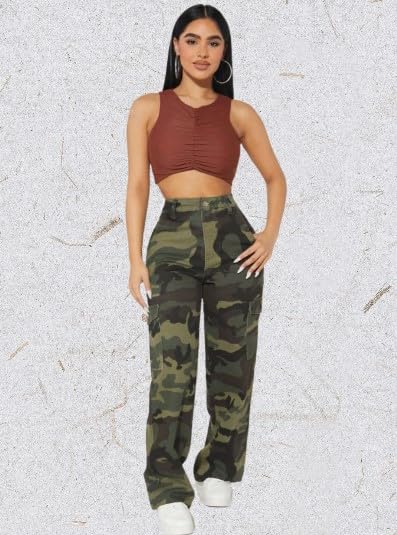 Generic Camouflage Cargo Jeans with Straight Leg Cut, High Waist Fit, Multi-Color Print, Multiple Pockets4