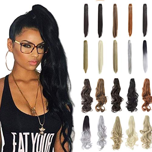 Mitrygreen Ponytail Extension Claw 18" 20" Curly Wavy Straight Clip in Hairpiece One Piece Long Pony Tails for Women Natural Black