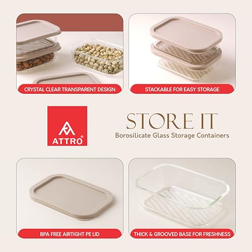 Image of ATTRO Storeit Borosilicate Glass Storage Containers - 520ml, Set of 3, Transparent & Stackable with PE Lids, Microwave, Fridge & Dishwasher Safe, Ideal for Kitchen & Leftovers- Ivory