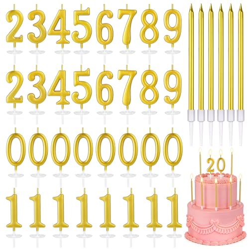 38PCS Number Birthday Candles Digital Gold Long Thin Metal Birthday Candles Golden Cake with Numbers 0-9 Cake Decoration for Anniversary Party Wedding Party Celebration Event