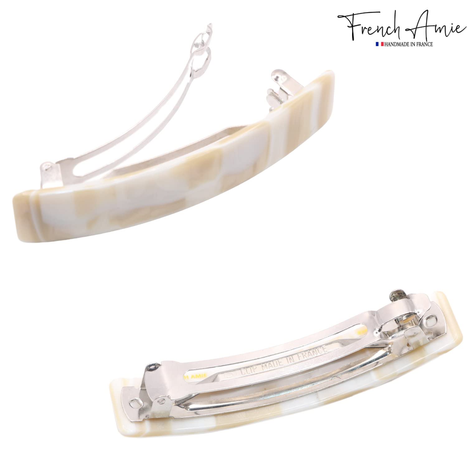 French Amie Oblong Handmade 3.5" Celluloid Automatic Hair Clip Barrette Hair Clip for Girls Strong Hold Hair Clips for Women No Slip Durable Paris Hair Accessories, Made in France (Cream Nouget) - Image 4
