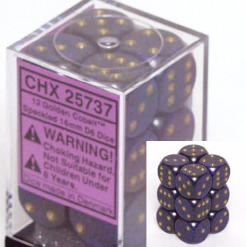 Chessex Dice d6 Sets: Golden Cobalt Speckled - 16mm Six Sided Die (12) Block of Dice
