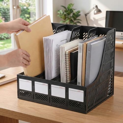 Image of DaKos Multipurpose Plastic 4 Compartments File Rack Paper Holder Desktop, File Holders Organizer Box (Black)